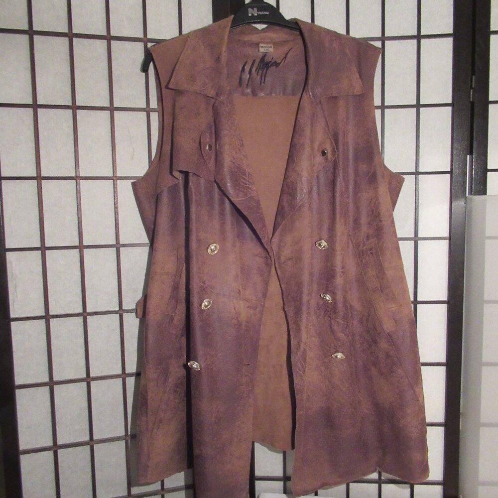 Nygard, Long, brown, faux leather vest, belted on back, like new...  Size L